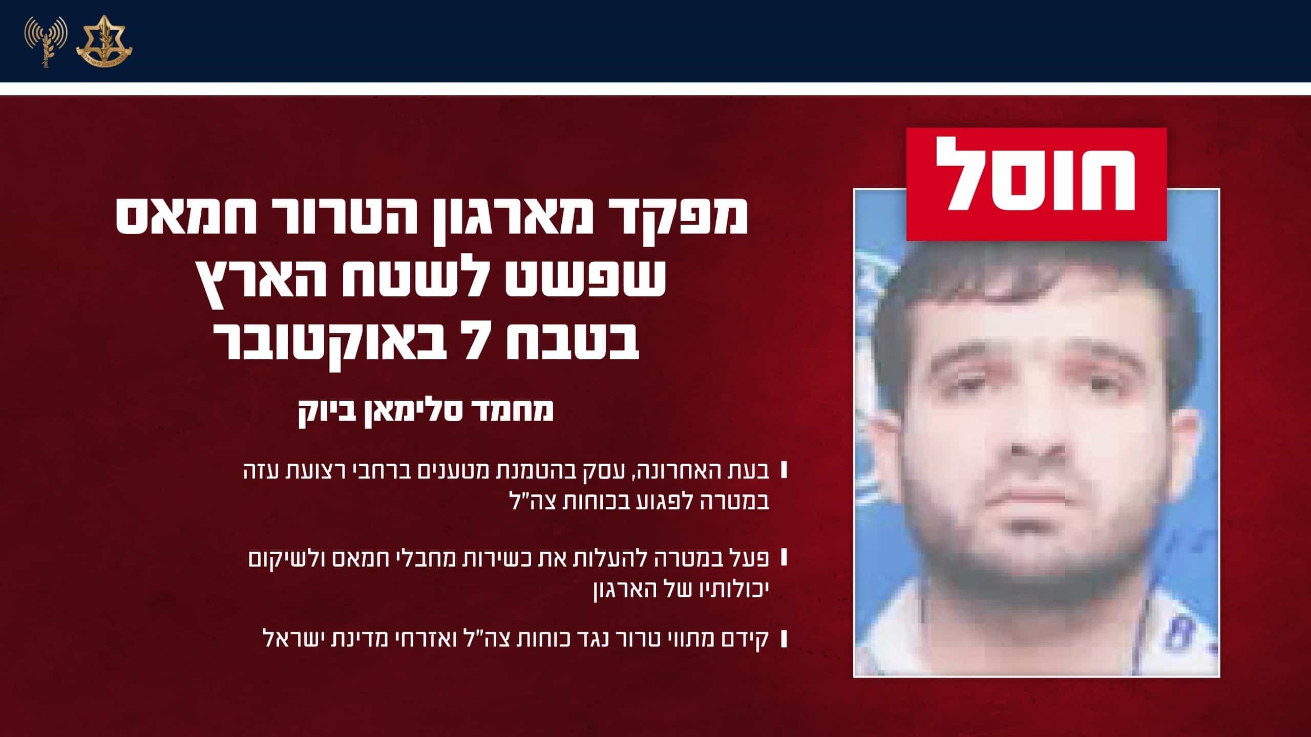 מורידים אחד אחרי השני: כוחותינו חיסלו מפקד מארגון הטרור חמאס שפשט לישראל בטבח 7 באוקטובר
