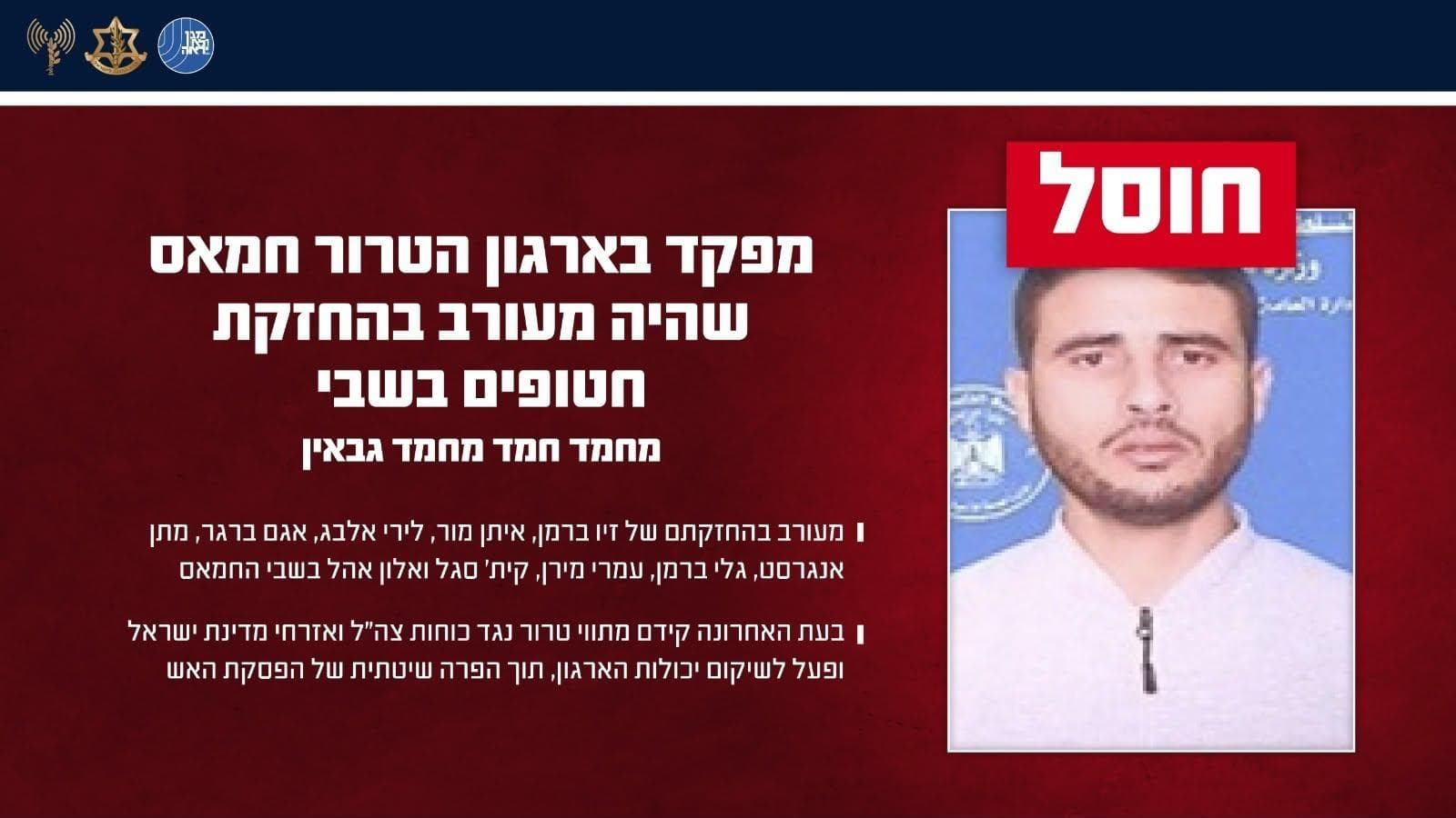 כוחותינו חיסלו מפקד בחמאס שהיה מעורב בהחזקת זיו וגלי ברמן וחטופים נוספים בשבי