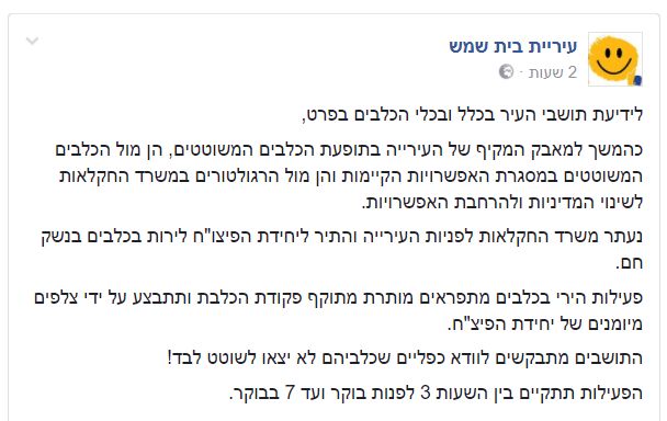 עיריית בית שמש בהודעה מרתיחה לתושבים: "קיבלנו היתר לירות בכלבים בנשק חם"