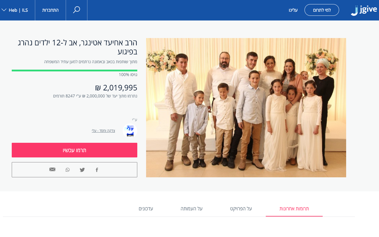 עם ישראל הנפלא והמרגש: מעל שני מיליון ש״ח נתרמו למשפחת הרב אטינגר שנרצח בפיגוע