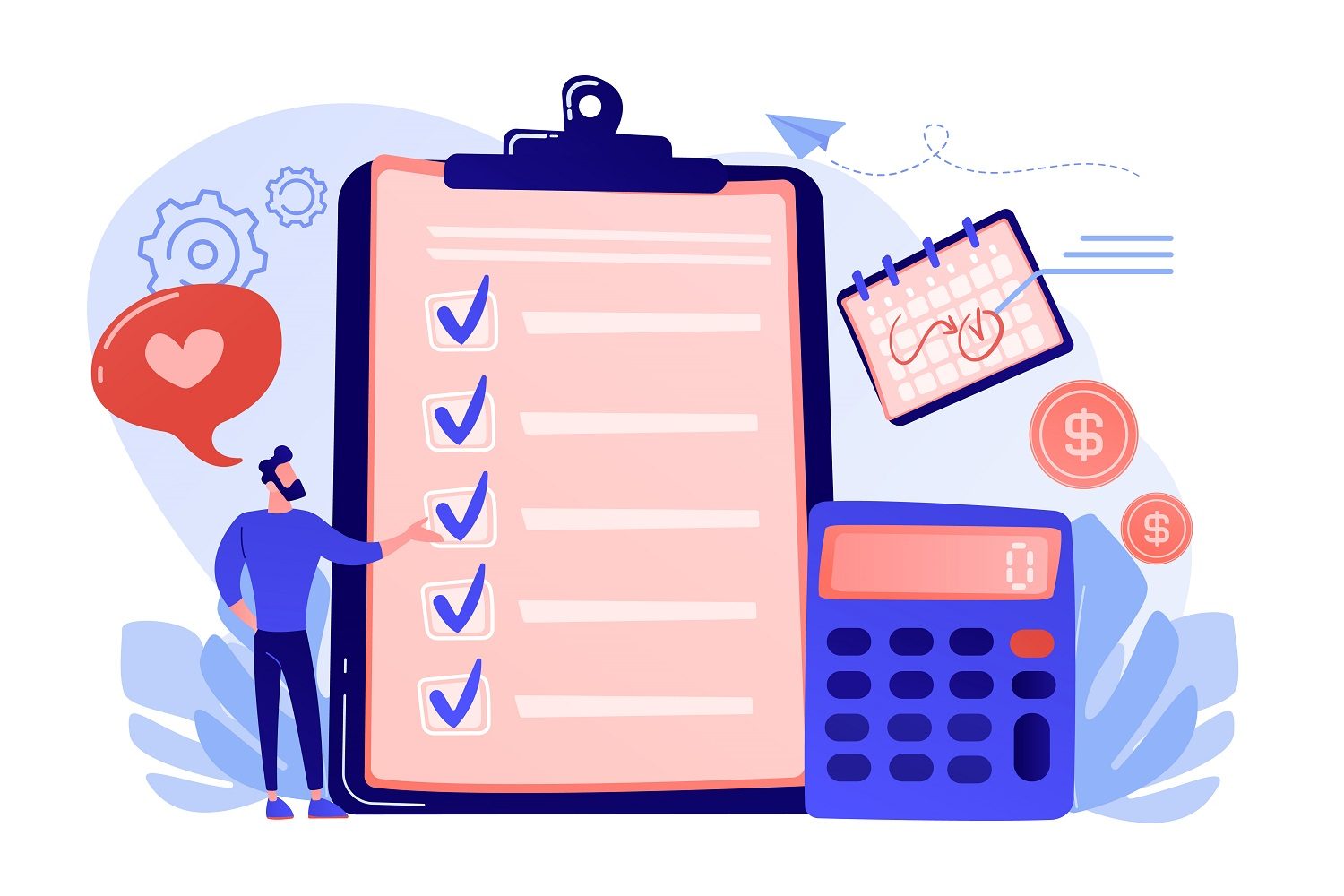 צילום: Financial analyst planning at checklist on clipboard, calculator and calendar. Budget planning, balanced budget, company budget management concept. Pink coral blue vector isolated illustration בדיקת ביטוחים – למען השקט הנפשי והכיס שלכם